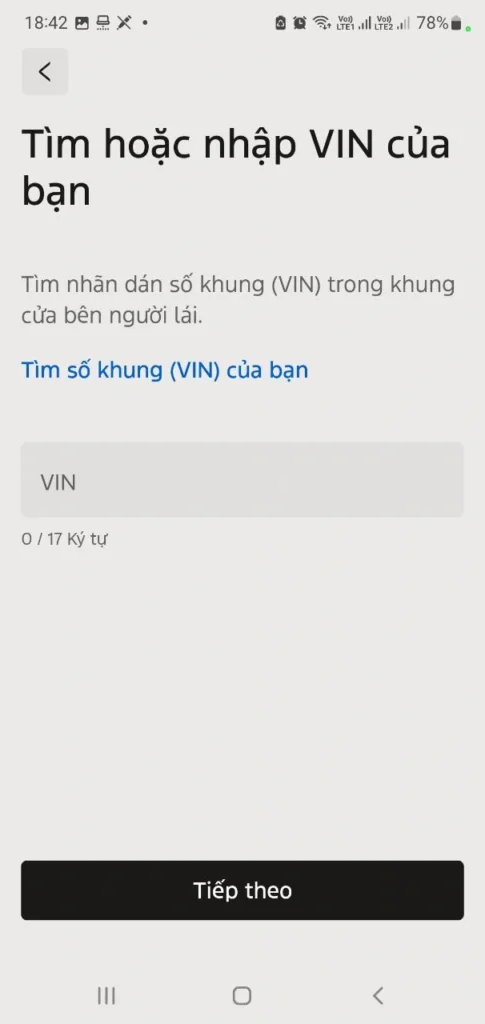 Màn hình nhập số VIN 17 ký tự để thêm xe vào Ford App