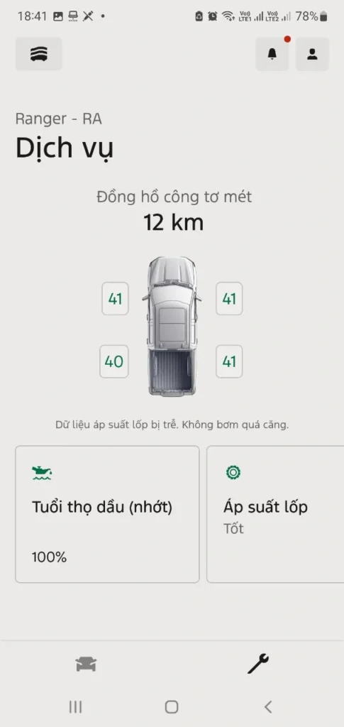 Màn hình Ford App hiển thị số km, áp suất lốp và tuổi thọ dầu trên Ford Ranger