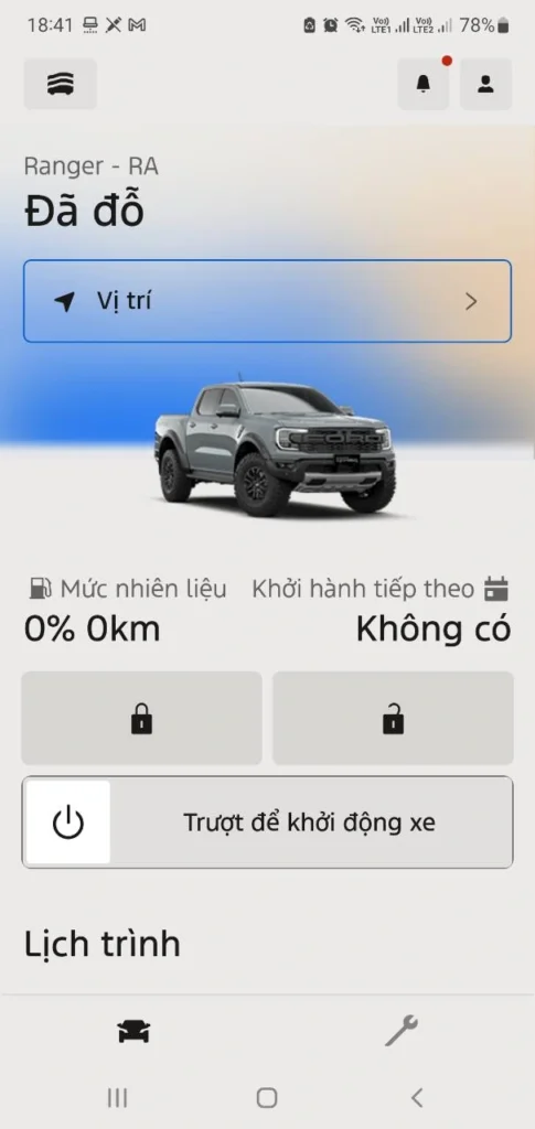 Màn hình Ford App hiển thị vị trí, khóa cửa và khởi động từ xa trên Ford Ranger