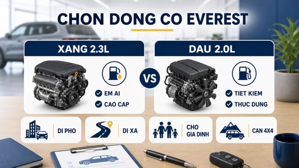 So sánh lựa chọn động cơ xăng 2.3L và dầu 2.0L trên Ford Everest