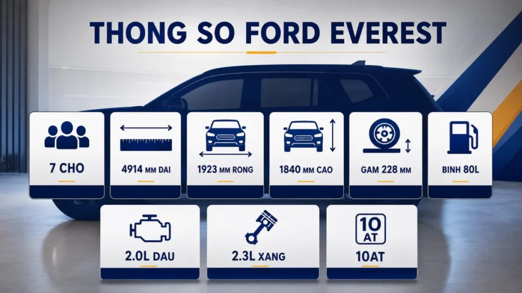 Thông số kỹ thuật Ford Everest kích thước động cơ và hộp số